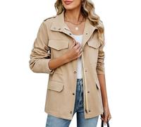 CMTOP Women's Jackets Lightweight Cotton Short Jackets Zip Up Utility Jacket, Casual Work Shacket Windproof Outerwear with Multiple Pockets for Spring Summer Autumn(Light Khaki,XL