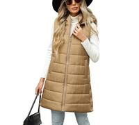 CMTOP Women's Long Gilets with Hood Mid-length Lightweight Quilted Vest Ladies Thermal Sleeveless Jacket Zip Up Windproof Waistcoat With Pockets Autumn Winter Sleeveless Outwear(Khaki, S)