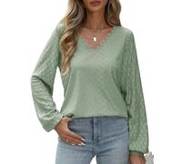 CMTOP Womens Long Sleeve Tops V Neck Blouse Loose Casual Cutout Scalloped Lace Shirts Top Ladies Elegant Puff T Shirts Dressy Tunic Green