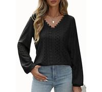 CMTOP Womens Long Sleeve Tops V Neck Blouse Loose Casual Cutout Scalloped Lace Shirts Top Ladies Elegant Puff T Shirts Dressy Tunic Black
