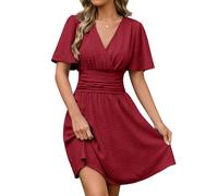 CMTOP Women's Summer Dresses Elegant V Neck Short Sleeve Sundress Ladies Flowy Casual Elastic Waist A Line Swing Wrap Midi Dresses for Beach Holiday Wedding Party (Burgundy, XL)