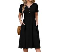 CMTOP Womens Summer Dresses Floral Short Sleeve Midi Empire Dress Ladies Causal V Neck Button Dresses Pleated Beach Holiday Sundress with Pockets (Black, XXL)