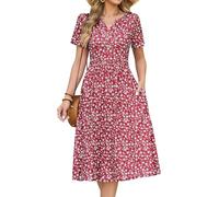 CMTOP Womens Summer Dresses Floral Short Sleeve Midi Empire Dress Ladies Causal V Neck Button Dresses Pleated Beach Holiday Sundress with Pockets (Red Floral Print, L)