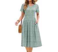 CMTOP Womens Summer Dresses Floral Short Sleeve Midi Empire Dress Ladies Causal V Neck Button Dresses Pleated Beach Holiday Sundress with Pockets (Green Floral Print, L)