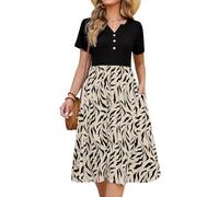 CMTOP Womens Summer Dresses Floral Short Sleeve Midi Empire Dress Ladies Causal V Neck Button Dresses Pleated Beach Holiday Sundress with Pockets (Black Leaves, S)