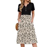 CMTOP Womens Summer Dresses Floral Short Sleeve Midi Empire Dress Ladies Causal V Neck Button Dresses Pleated Beach Holiday Sundress with Pockets (Black Leaves, XL)