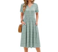 CMTOP Womens Summer Dresses Floral Short Sleeve Midi Empire Dress Ladies Causal V Neck Button Dresses Pleated Beach Holiday Sundress with Pockets (Green Floral Print, XL)