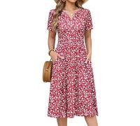CMTOP Womens Summer Dresses Floral Short Sleeve Midi Empire Dress Ladies Causal V Neck Button Dresses Pleated Beach Holiday Sundress with Pockets (Red Floral Print, S)