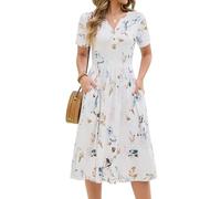 CMTOP Womens Summer Dresses Floral Short Sleeve Midi Empire Dress Ladies Causal V Neck Button Dresses Pleated Beach Holiday Sundress with Pockets (White Flowers, L)