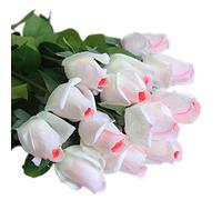 cn-Knight 12pcs Real Look Artificial Rose Buds, 22 Inch Real Touch Silk Rosebud, Realistic Design Artificial Flower with Real Feel Petals,Silk Flower Bud for Wedding Home Décor,White with Pink Heart