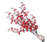 cn-Knight 3pcs Artificial Cherry Blossom Branches,37 Inch Long Stem Silk Plum Blossom with Buds,Realistic Japanese Apricot for Home Décor Centerpiece Wedding Bouquet,Red