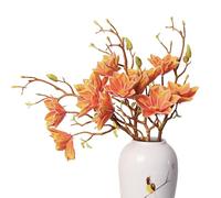 cn-Knight 3pcs Artificial Magnolia Flower Branches, 31 Inch Long Stem Faux Floral, Premium Faux Bloom for Home Decor, Centerpieces, and Wedding Arrangements, Orange