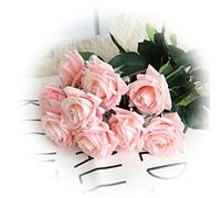 cn-Knight Artificial Flower 12pcs 17'' Artificial Rose Blossom with Leaves Gel Coated Silk Flower for Wedding Bridal Bouquet Bridesmaid Home Décor Office Baby Shower Centerpiece,Light Pink