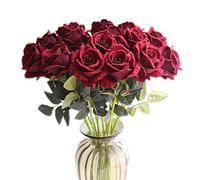 cn-Knight Artificial Flower 12pcs 22'' Long Stem Silk Velvet Rose Real Touch Faux Flower for Wedding Bridal Bouquet Bridesmaid Home Decor Office Hotel Baby Shower Party Prom Centerpiece(Dark Red)