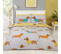 CnA Stores - Dachshund Sausage Dog King Duvet Cover Set Reversible Ochre Grey Bedding