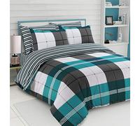 CnA Stores - Harrison Check Grey Teal Duvet Cover & Pillowcase Reversible Bedding Set Easy Care - Single
