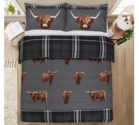 CnA Stores - Tartan Check Highland Cow King Duvet Cover Set Reversible Grey Bedding (Grey, King)