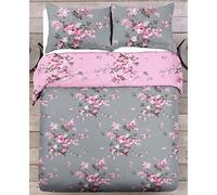 CnA Stores Victoria Pink and Grey Floral Blossom Duvet Cover & Pillowcase Reversible Bedding Set DOUBLE