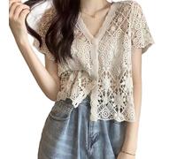 CNAFGBGG 1PC Lace Cardigan for Women, V Neck Short Sleeve Hollow Out White Lace Cardigan, Soft Cotton Button Up Crochet Shrug for Summer, One Size, Apricot.