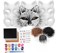 CNAFGBGG 1Set Therian Mask Kit Includes 6 DIY Blank Cat Mask with 3 Faux Furr, 12 Eye Mesh Sheet, 3 Felt Fabric, 12-Color Piants, 1 Sticker, and 2 Brush for Halloween Masquerade Cosplay Party.