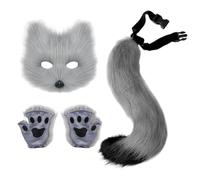 CNAFGBGG 3PCS/Set Furry Costume, Grey Furry Fox Mask, Adjustable Therian Tail and Fluffy Paw Gloves for Halloween Party.