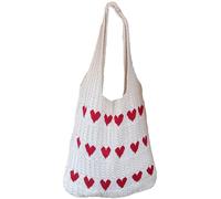 CNAFGBGG Knit Tote Bag Girl Crochet Tote Bag Cute Aesthetic with Love Heart Pattern Large Casual Crochet Shoulder Women Knitting Beach Bags for Shopping Travel Daily Use White..