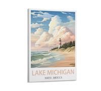 CNAHEIZ Lake Michigan Vintage Travel Poster Lighthouse 08x12inch(20x30cm) Canvas Wall Art Print Painting for Wall Decor Living Room Bedroom