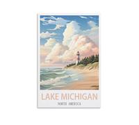 CNAHEIZ Lake Michigan Vintage Travel Poster Lighthouse 08x12inch(20x30cm) Canvas Wall Art Print Painting for Wall Decor Living Room Bedroom