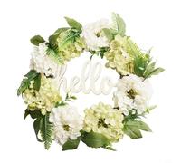 CNANRNANC Artificial Green Hydrangea Wreath 40cm Front Door Wall Hanging Decor With Hello Sign Indoor Outdoor Decorative Garland