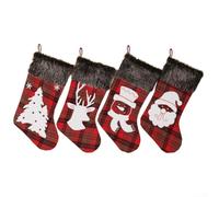 CNANRNANC Christmas Stockings Set of 4 Plaid Design with Santa Snowman Deer Tree Motifs Holiday Hanging Decorations for Fireplace Mantel 20 Inch Length
