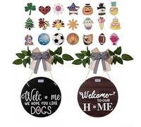 CNANRNANC Reversible Seasonal Welcome Sign for Front Door with 21 Icons Plant Garlands Round Wood Wreath Wall Hanging Decorations Year-Round