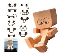 CNANRNANC Shaking Wooden Man Figurine with 12PCS Magnetic Expressions For Desk And Car Decor, Interactive Swaying Motion, Anti Slip Base Wooden Man With Wobbly Legs