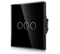 CNBINGO 1-Way Touch Light Switch - Black Wall Switch with Glass Panel and Status LED Backlight - No Neutral Wire Required - 3 Gang