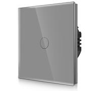 CNBINGO 1-Way Touch Light Switch - Grey Wall Switch with Glass Panel and Status-LED Backlight - No Neutral Wire Required - 500 W - 1 Gang