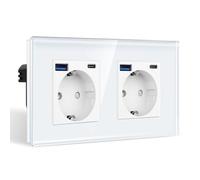 CNBINGO Double socket with 4 x USB port (max. 2.1 A, type C and USB-A) - double glazed Schuko socket flush-mounted - white wall socket with child safety lock