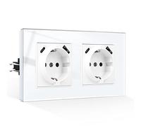 CNBINGO Double Socket with USB Connection, 2 x (USB-A and Type-C Port Max. 2.1 Amp Total), Flush-Mounted Socket with Claws, Schuko Socket with Glass Frame in White, 2-Way