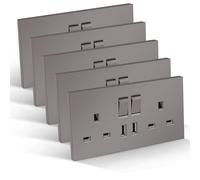 CNBINGO Double Switched Socket with 2 USB-A Ports, Electric Power Sockets 2 Gang 13 Amp, Grey PC Plate Wall Outlet, 5 Pack