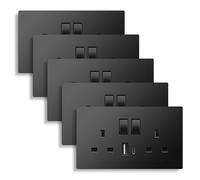 CNBINGO Double Switched Socket with 20W PD USB C and A Fast Charging Ports, Electric Power Socket 2 Gang 13 Amp, Wall Outlet Black PC Panel, 5 Pack