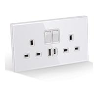 CNBINGO Double Switched Socket with 20W PD USB C and A Fast Charging Ports, Electric Power Sockets 2 Gang 13 Amp, Wall Outlet White Tempered Glass Panel, 1 Pack