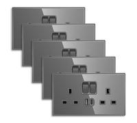 CNBINGO Double Switched Socket with 20W PD USB C and A Fast Charging Ports, Electric Power Sockets 2 Gang 13 Amp, Wall Outlet Grey Tempered Glass Panel, 5 Pack