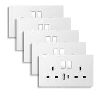 CNBINGO Double Switched Socket with 20W PD USB C and A Fast Charging Ports, Electric Power Sockets 2 Gang 13 Amp, Wall Outlet White PC Panel, 5 Pack