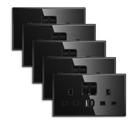 CNBINGO Double Switched Socket with 20W PD USB C and A Fast Charging Ports, Electric Power Sockets 2 Gang 13 Amp, Wall Outlet Black Tempered Glass Panel, 5 Pack