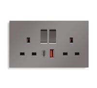CNBINGO Double Switched Socket with 20W PD USB C and A Fast Charging Ports, Electric Power Sockets 2 Gang 13 Amp, Grey PC Plate Wall Outlet, 1 Pack