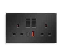 CNBINGO Double Switched Socket with 20W PD USB C and A Fast Charging Ports, Electric Power Sockets 2 Gang 13 Amp, Black PC Plate Wall Outlet, 1 Pack