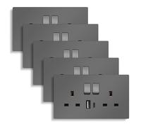 CNBINGO Double Switched Socket with 20W PD USB C and A Fast Charging Ports, Electric Power Sockets 2 Gang 13 Amp, Wall Outlet Grey PC Panel, 5 Pack