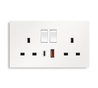 CNBINGO Double Switched Socket with 20W PD USB C and A Fast Charging Ports, Electric Power Sockets 2 Gang 13 Amp, White PC Plate Wall Outlet, 1 Pack