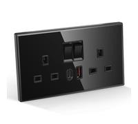 CNBINGO Double Switched Socket with 20W PD USB C and A Fast Charging Ports, Electric Power Sockets 2 Gang 13 Amp, Black Tempered Glass Panel Wall Outlet, 1 Pack