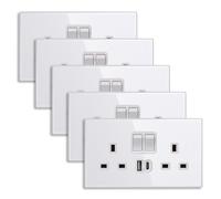 CNBINGO Double Switched Socket with 20W PD USB C and A Fast Charging Ports, Electric Power Sockets 2 Gang 13 Amp, Wall Outlet White Tempered Glass Panel, 5 Pack