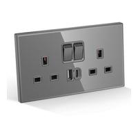 CNBINGO Double Switched Socket with 20W PD USB C and A Fast Charging Ports, Electric Power Sockets 2 Gang 13 Amp, Wall Outlet Grey Tempered Glass Panel, 1 Pack