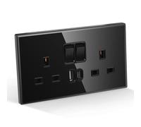 CNBINGO Double Switched Socket with 20W PD USB C and A Fast Charging Ports, Electric Power Sockets 2 Gang 13 Amp, Wall Outlet Black Tempered Glass Panel, 1 Pack
